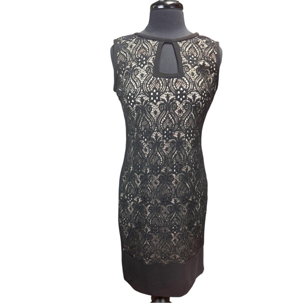 R&M Richards Elegant Black Lace Overlay Sleeveless Sheath Dress Size 8
